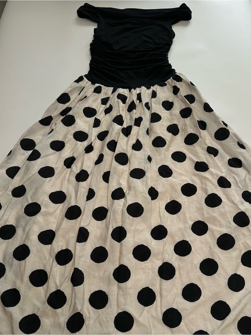 Off Shoulder Ruched Polka Dot Full Skirt Maxi Dress Romantic Retro Black Off-Sho - Picture 4 of 9